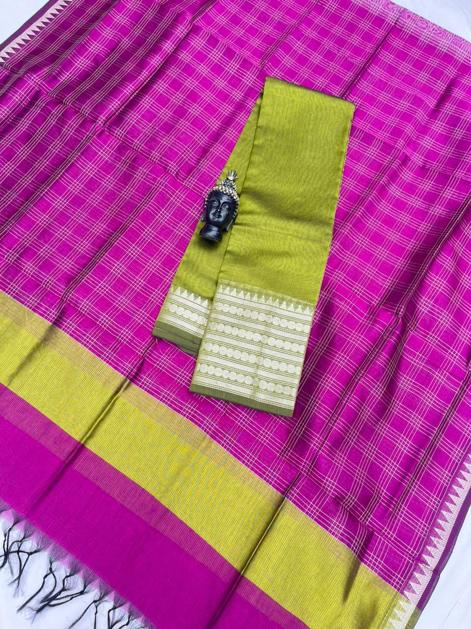 Mangalagiri Semi Pattu Dress Material with Zari Border – Green Colour Top & Dupatta - 2pc set