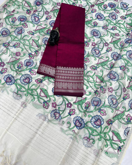 Mangalagiri Semi Pattu Dress Material with Zari Border – Dark Pink Colour Top & Dupatta - 2pc set