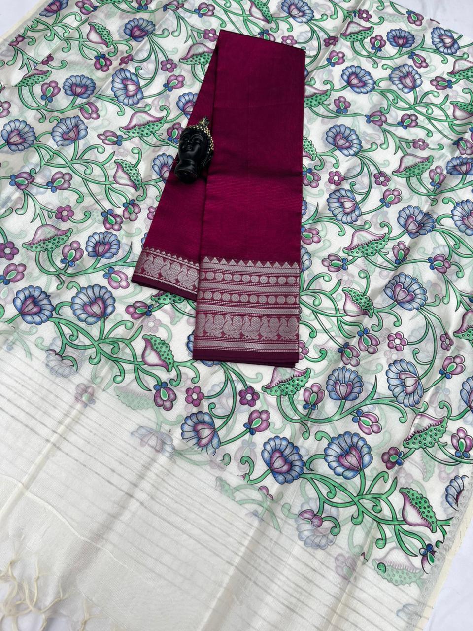 Mangalagiri Semi Pattu Dress Material with Zari Border – Dark Pink Colour Top & Dupatta - 2pc set