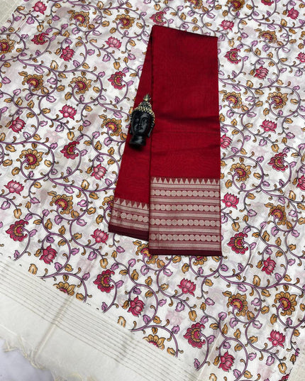 Mangalagiri Semi Pattu Dress Material with Zari Border – Red Colour Top & Dupatta - 2pc set