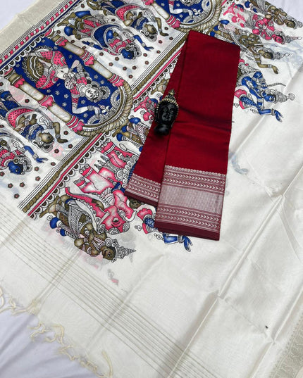 Mangalagiri Semi Pattu Dress Material with Zari Border – Maroon Colour Top & Dupatta - 2pc set