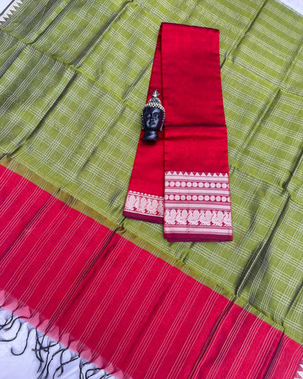 Mangalagiri Semi Pattu Dress Material with Zari Border – Red Colour Top & Dupatta - 2pc set