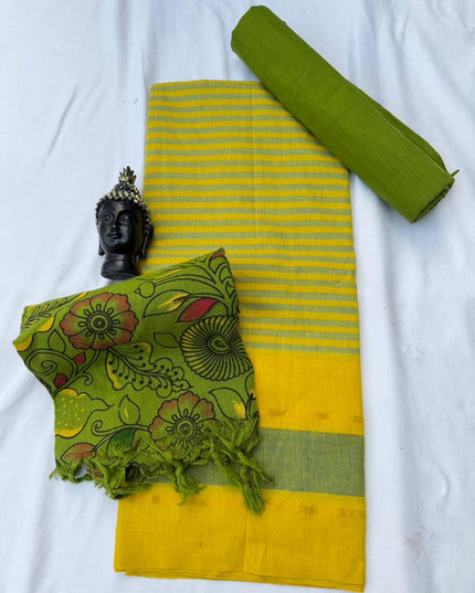 Soft Nagari Cotton Unstitched Dress Material | Daily Wear Yellow & Green 3pc Set