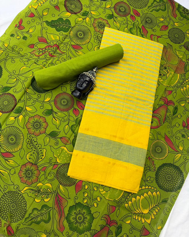 Soft Nagari Cotton Unstitched Dress Material | Daily Wear Yellow & Green 3pc Set