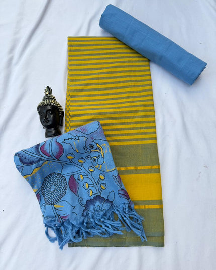 Soft Nagari Cotton Unstitched Dress Material | Daily Wear Yellow & Sky Blue 3pc Set