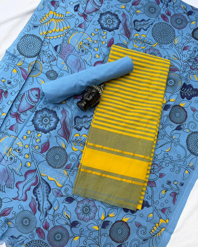 Soft Nagari Cotton Unstitched Dress Material | Daily Wear Yellow & Sky Blue 3pc Set