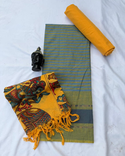 Soft Nagari Cotton Unstitched Dress Material | Daily Wear Yellow & Blue 3pc Set