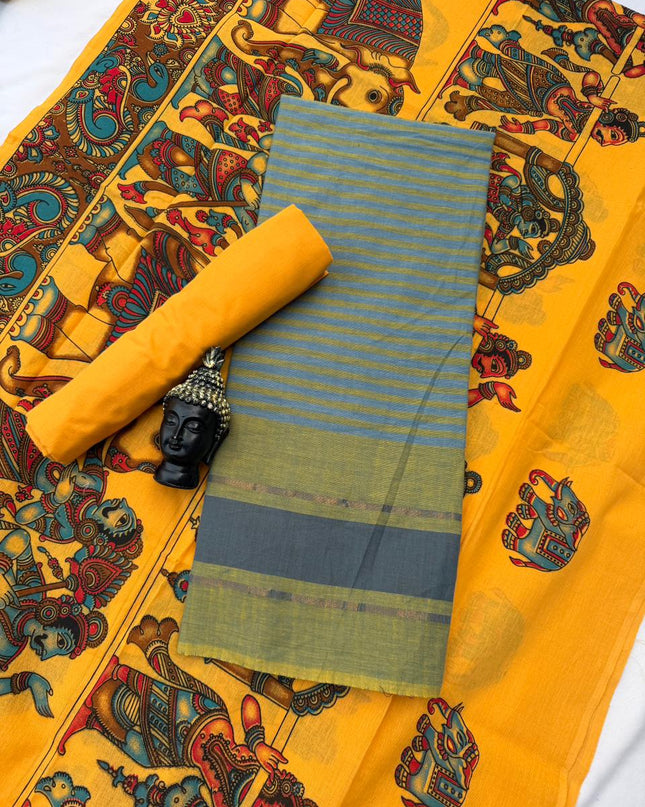 Soft Nagari Cotton Unstitched Dress Material | Daily Wear Yellow & Blue 3pc Set