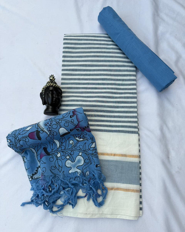 Soft Nagari Cotton Unstitched Dress Material | Daily Wear White & Blue 3pc Set