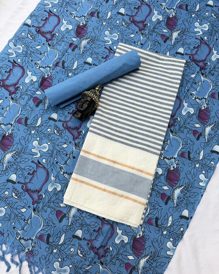 Soft Nagari Cotton Unstitched Dress Material | Daily Wear White & Blue 3pc Set