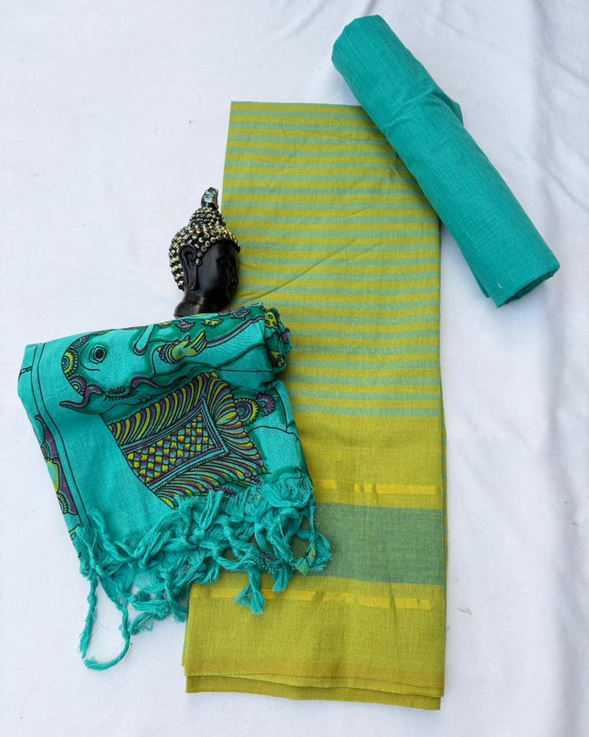 Soft Nagari Cotton Unstitched Dress Material | Daily Wear Yellow & Sea Green 3pc Set