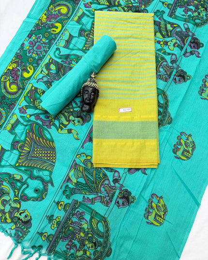 Soft Nagari Cotton Unstitched Dress Material | Daily Wear Yellow & Sea Green 3pc Set