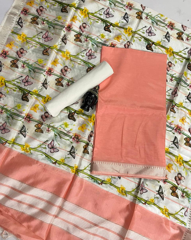 Mangalagiri Semi Pattu Dress Material with Zari Border – Light Orange Colour
