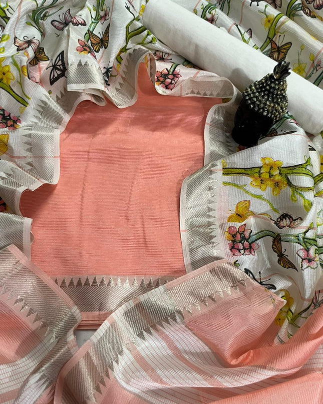 Mangalagiri Semi Pattu Dress Material with Zari Border – Light Orange Colour