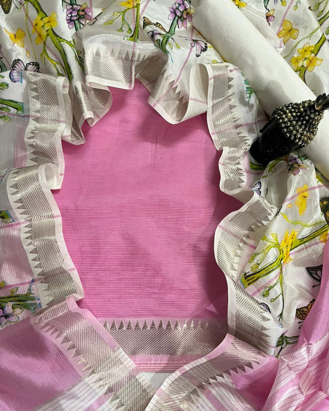 Mangalagiri Semi Pattu Dress Material with Zari Border – Light Pink Colour