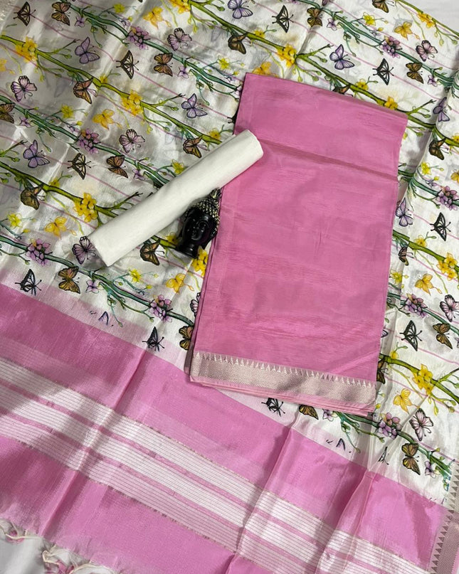 Mangalagiri Semi Pattu Dress Material with Zari Border – Light Pink Colour