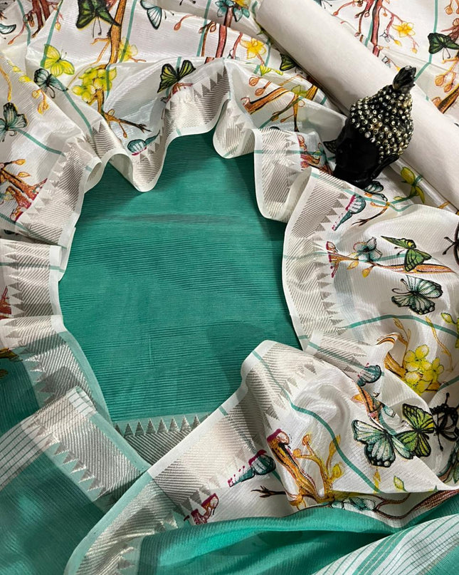 Mangalagiri Semi Pattu Dress Material with Zari Border – Green Colour