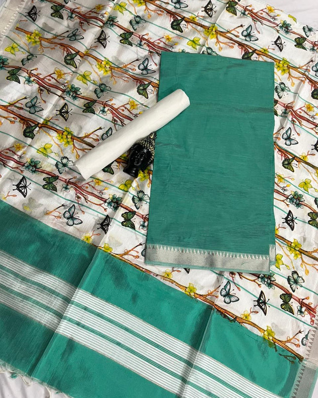 Mangalagiri Semi Pattu Dress Material with Zari Border – Green Colour