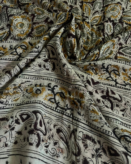 Traditional Kalamkari Unstitched 3PC Dress Material in Musted Yellow Colour | Cotton Ethnic Fabric