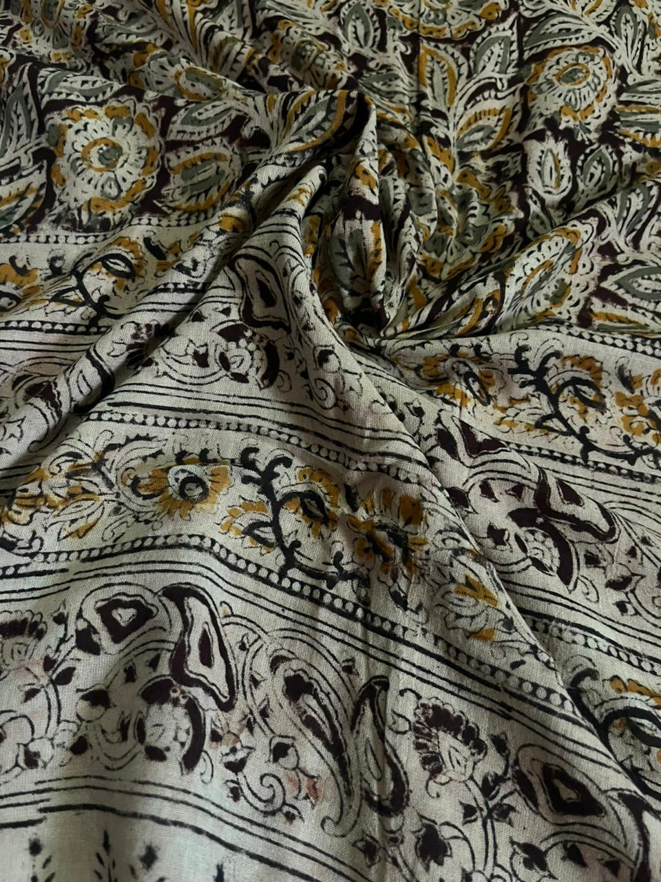 Traditional Kalamkari Unstitched 3PC Dress Material in Musted Yellow Colour | Cotton Ethnic Fabric