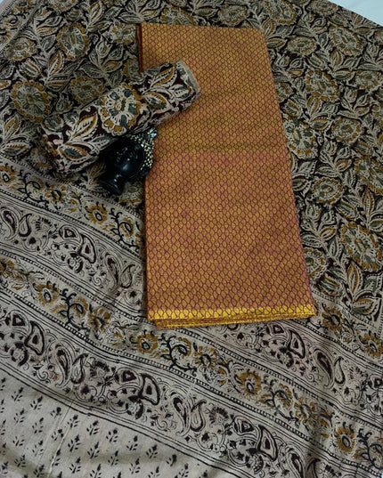 Traditional Kalamkari Unstitched 3PC Dress Material in Musted Yellow Colour | Cotton Ethnic Fabric