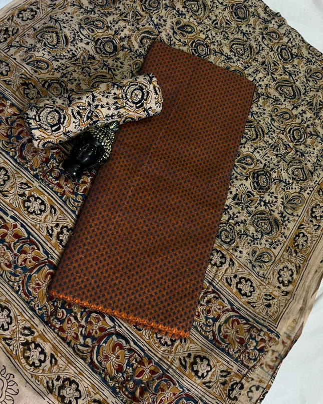 Traditional Kalamkari Unstitched 3PC Dress Material in Orange Colour | Cotton Ethnic Fabric
