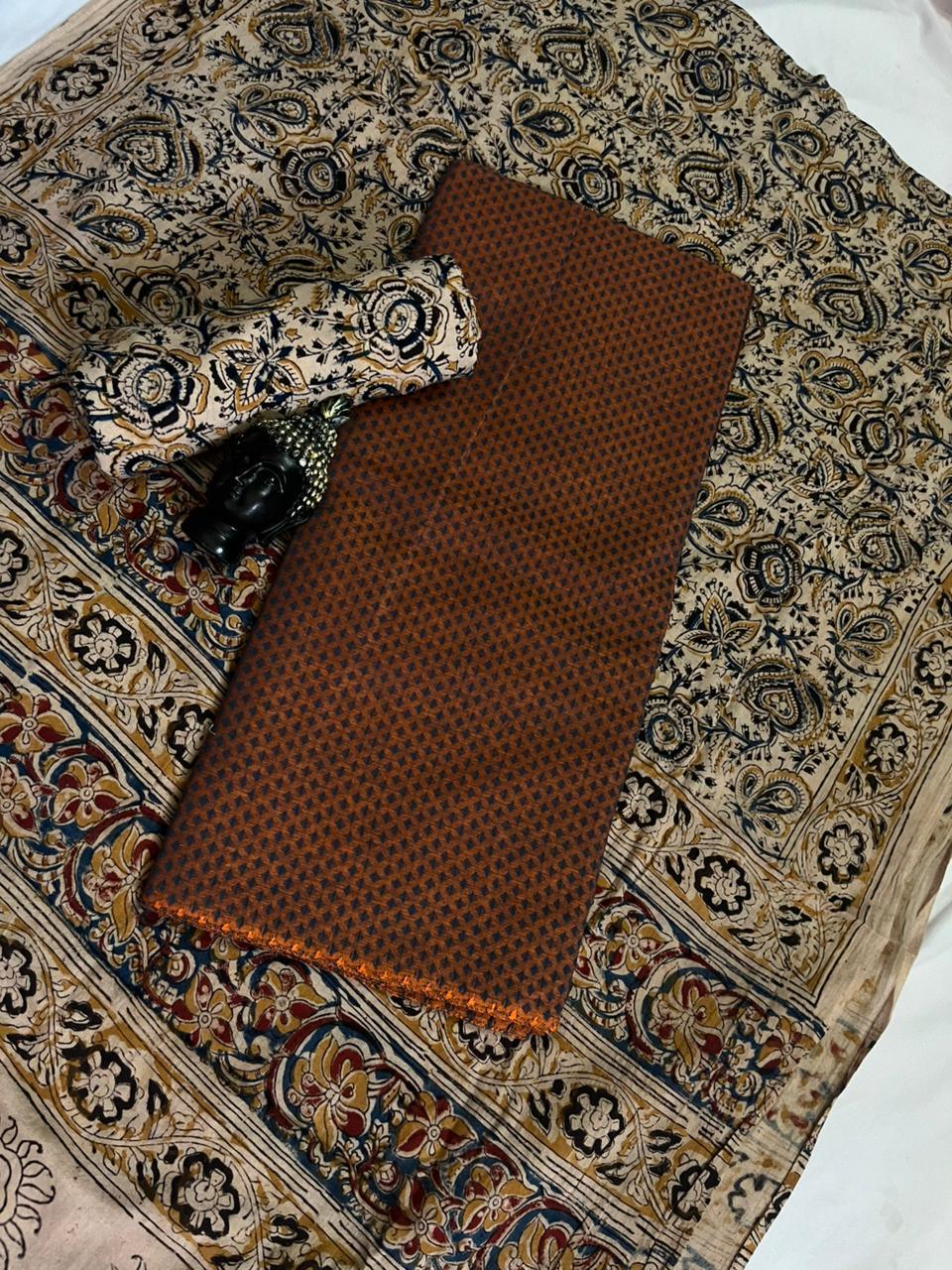 Traditional Kalamkari Unstitched 3PC Dress Material in Orange Colour | Cotton Ethnic Fabric