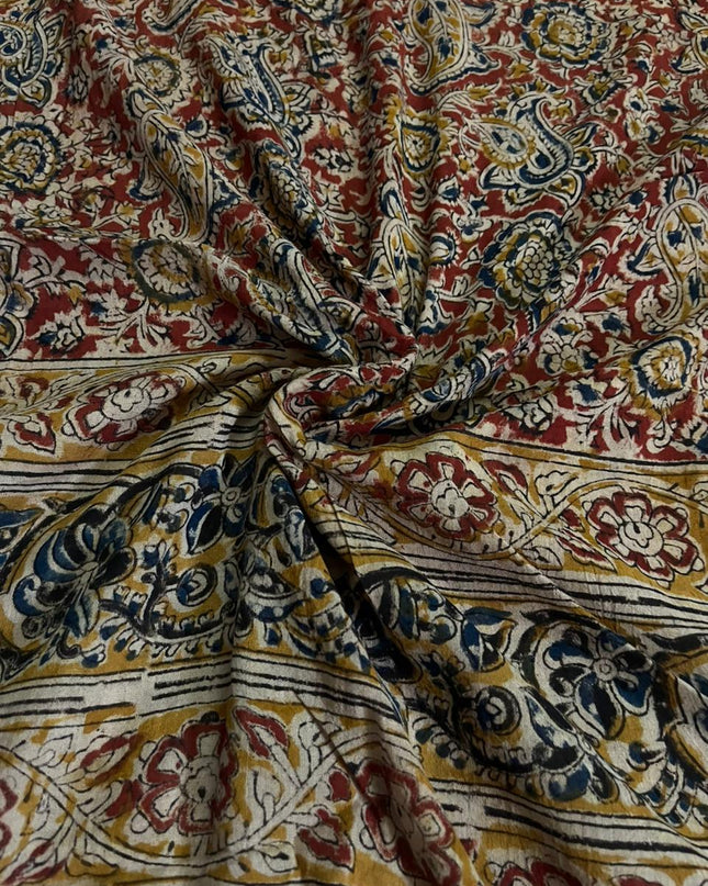 Traditional Kalamkari Unstitched 3PC Dress Material in Yellow Colour | Cotton Ethnic Fabric
