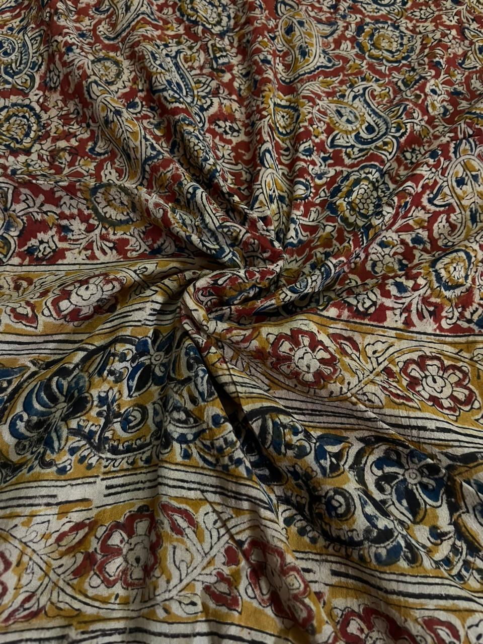 Traditional Kalamkari Unstitched 3PC Dress Material in Yellow Colour | Cotton Ethnic Fabric