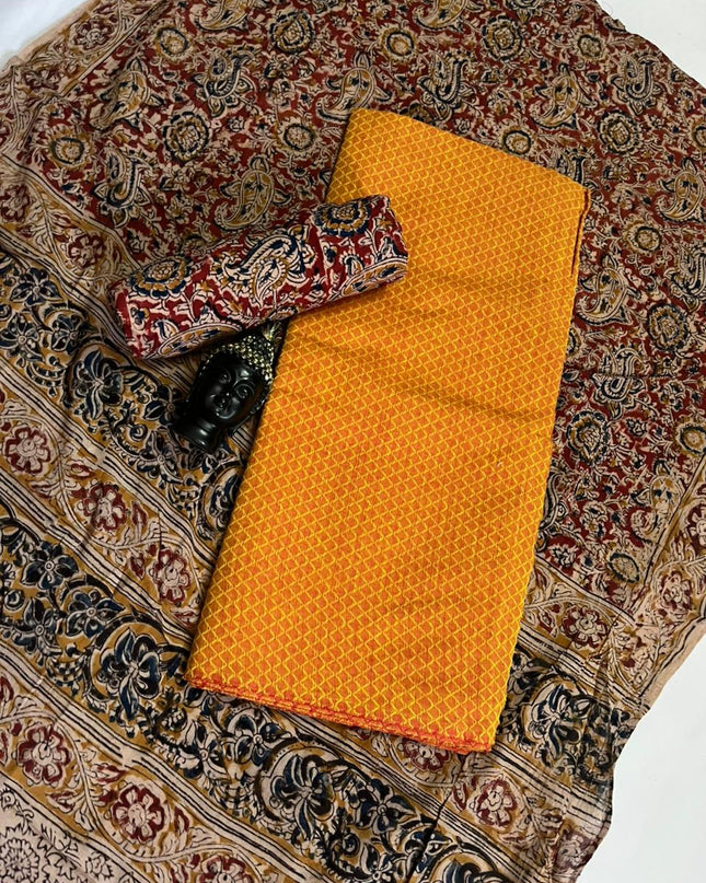 Traditional Kalamkari Unstitched 3PC Dress Material in Yellow Colour | Cotton Ethnic Fabric