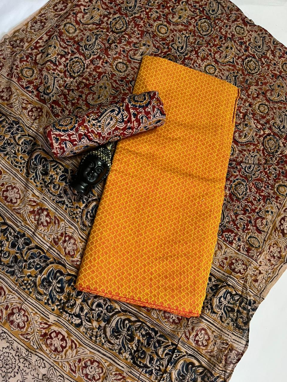 Traditional Kalamkari Unstitched 3PC Dress Material in Yellow Colour | Cotton Ethnic Fabric