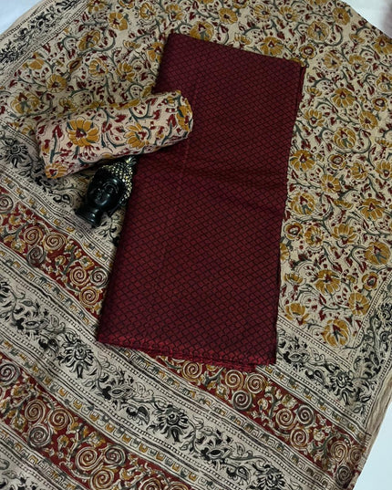 Traditional Kalamkari Unstitched 3PC Dress Material in Maroon Colour | Cotton Ethnic Fabric
