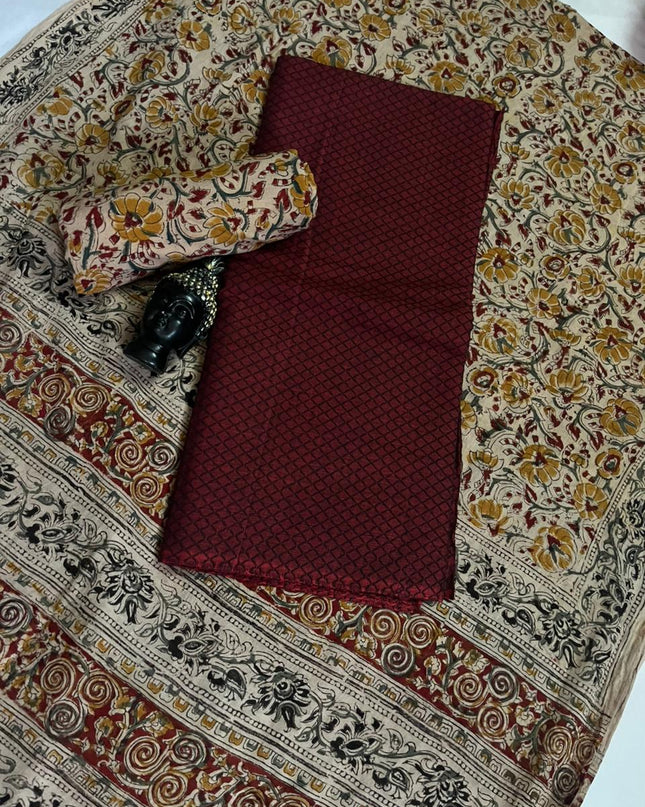 Traditional Kalamkari Unstitched 3PC Dress Material in Maroon Colour | Cotton Ethnic Fabric