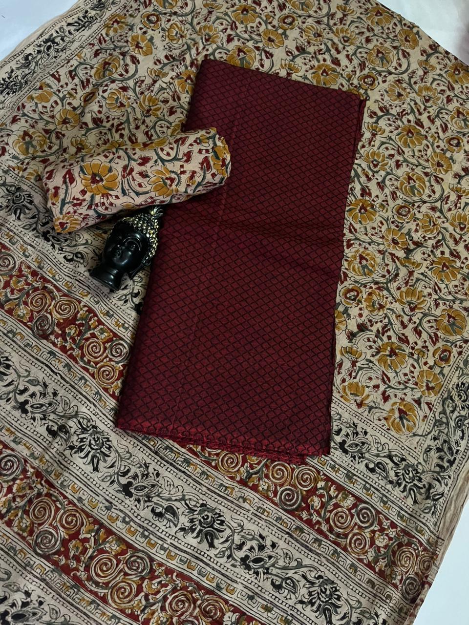 Traditional Kalamkari Unstitched 3PC Dress Material in Maroon Colour | Cotton Ethnic Fabric