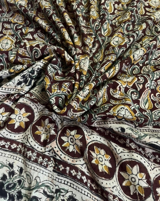 Traditional Kalamkari Unstitched 3PC Dress Material in Parrot Green Colour | Cotton Ethnic Fabric