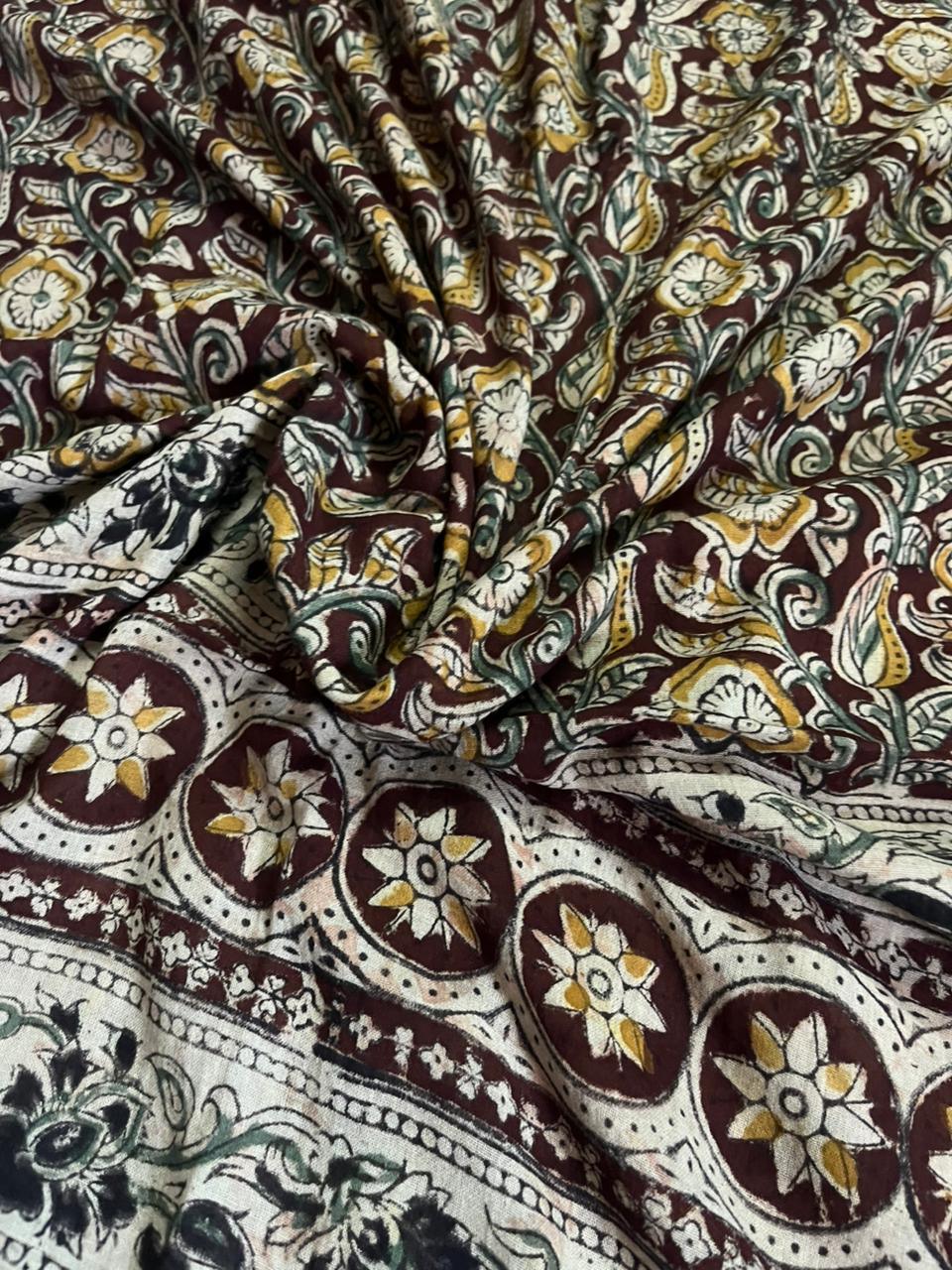 Traditional Kalamkari Unstitched 3PC Dress Material in Parrot Green Colour | Cotton Ethnic Fabric