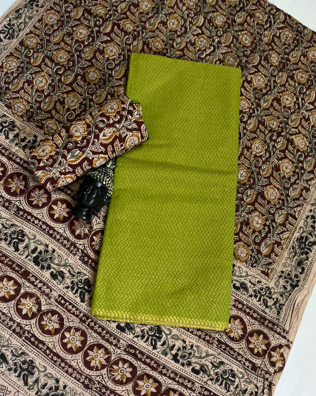 Traditional Kalamkari Unstitched 3PC Dress Material in Parrot Green Colour | Cotton Ethnic Fabric