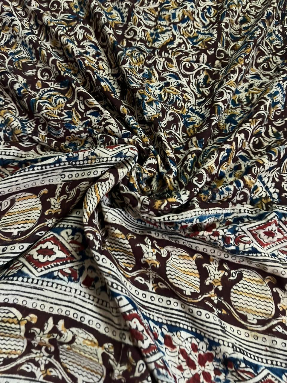 Traditional Kalamkari Unstitched 3PC Dress Material in Green Colour | Cotton Ethnic Fabric