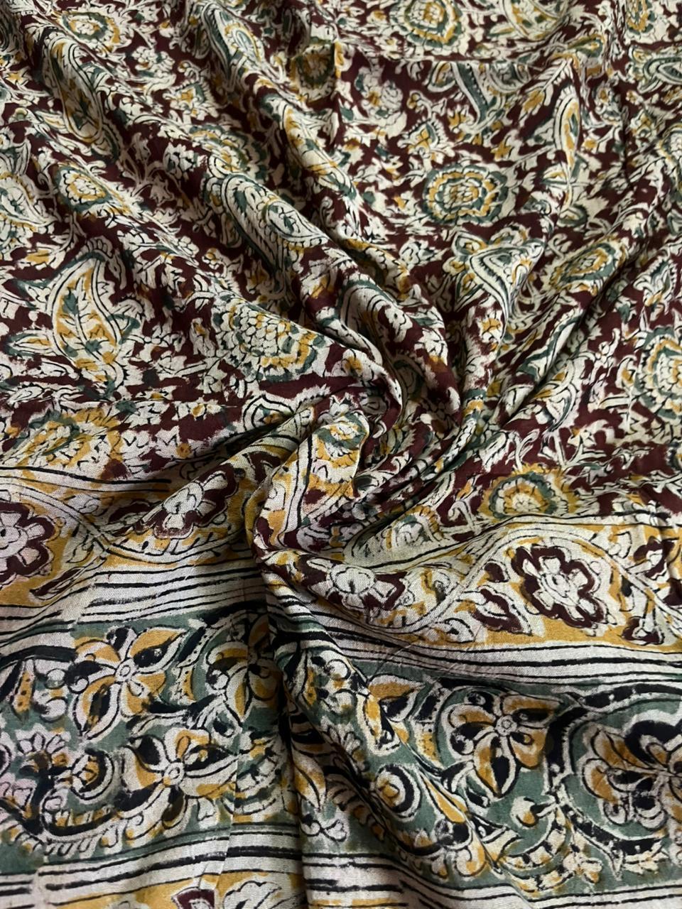 Traditional Kalamkari Unstitched 3PC Dress Material in Yellow Colour | Cotton Ethnic Fabric