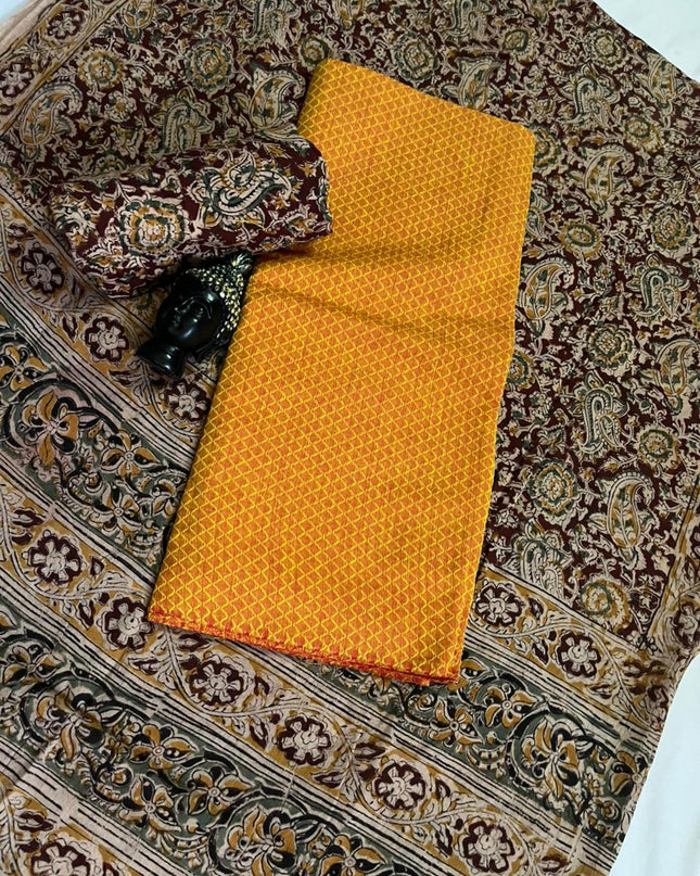 Traditional Kalamkari Unstitched 3PC Dress Material in Yellow Colour | Cotton Ethnic Fabric