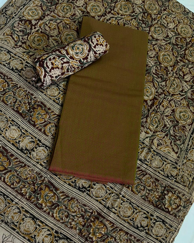 Traditional Kalamkari Unstitched 3PC Dress Material in Pesara Green Colour | Cotton Ethnic Fabric