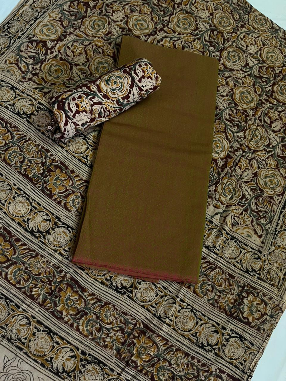 Traditional Kalamkari Unstitched 3PC Dress Material in Pesara Green Colour | Cotton Ethnic Fabric
