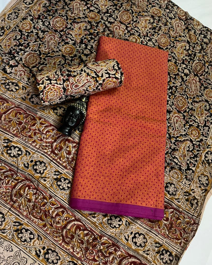 Traditional Kalamkari Unstitched 3PC Dress Material in Orange Colour | Cotton Ethnic Fabric