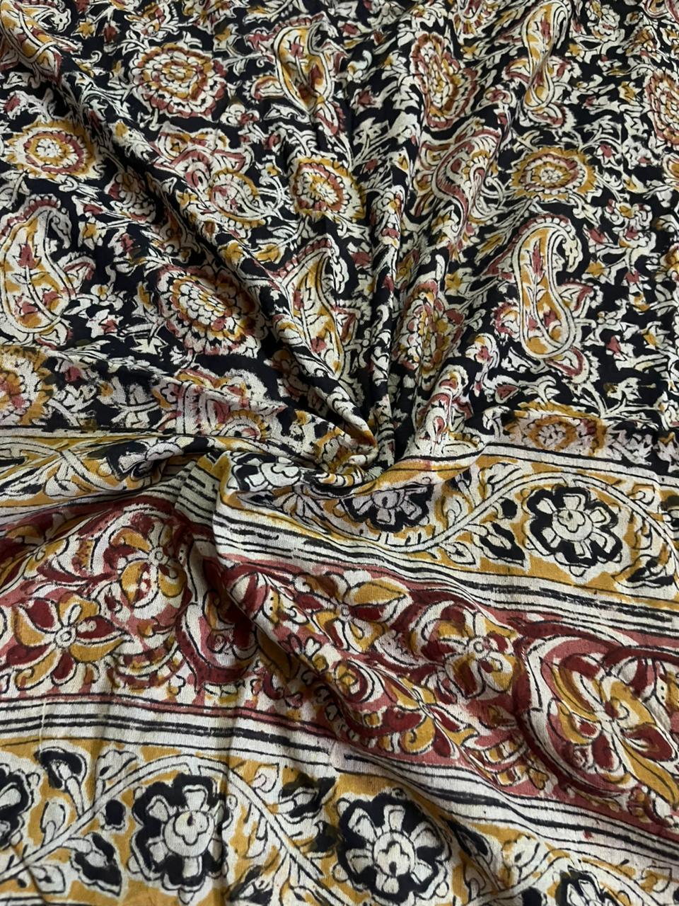 Traditional Kalamkari Unstitched 3PC Dress Material in Orange Colour | Cotton Ethnic Fabric
