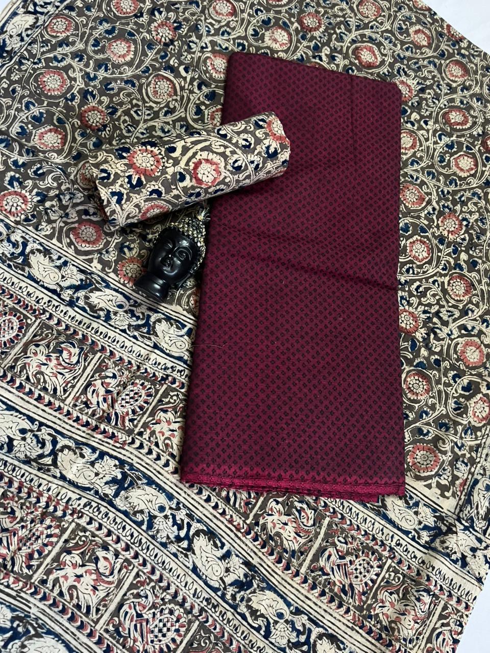 Traditional Kalamkari Unstitched 3PC Dress Material in Deep Pink Colour | Cotton Ethnic Fabric