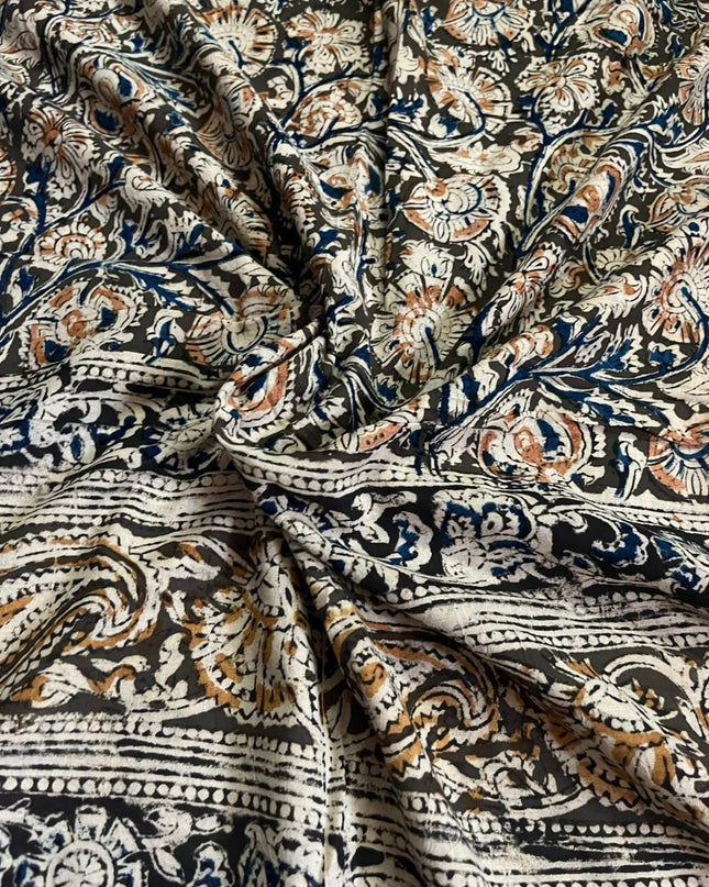 Traditional Kalamkari Unstitched 3PC Dress Material in Yellow Orange Colour | Cotton Ethnic Fabric