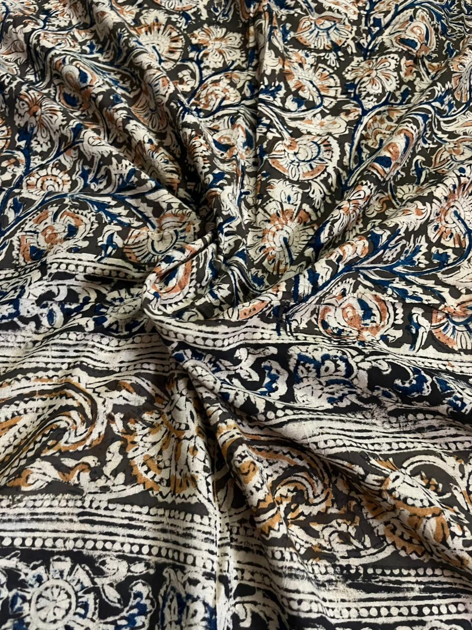 Traditional Kalamkari Unstitched 3PC Dress Material in Yellow Orange Colour | Cotton Ethnic Fabric