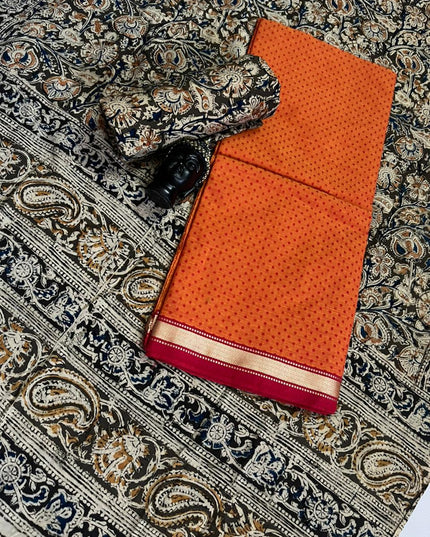 Traditional Kalamkari Unstitched 3PC Dress Material in Yellow Orange Colour | Cotton Ethnic Fabric