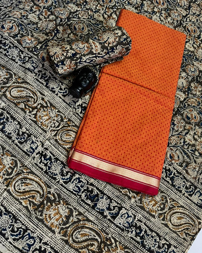 Traditional Kalamkari Unstitched 3PC Dress Material in Yellow Orange Colour | Cotton Ethnic Fabric