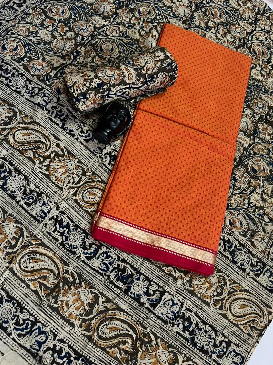 Traditional Kalamkari Unstitched 3PC Dress Material in Yellow Orange Colour | Cotton Ethnic Fabric